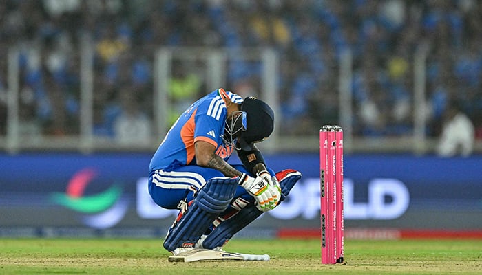 Indias captain Suryakumar Yadav reacts after being hit by the ball during the 2026 ICC Men´s T20 Cricket World Cup Super Eights match between India and South Africa at the Narendra Modi Stadium in Ahmedabad on February 22, 2026. — AFP