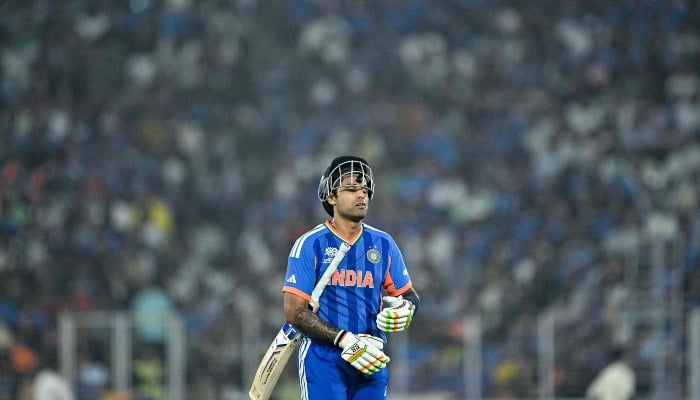 Indias captain Suryakumar Yadav reacts after his dismissal during the 2026 ICC Mens T20 Cricket World Cup Super Eights match between India and South Africa at the Narendra Modi Stadium in Ahmedabad on February 22, 2026. — AFP