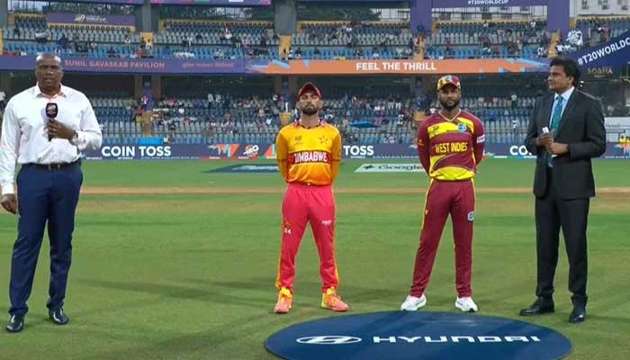 Zimbabwe captain Sikandar Raza (second from left) and West Indies Shai Hope (second from right) at the toss for their ICC Mens T20 World Cup match at the Wankhede Stadium in Mumbai on February 23, 2026. — Geo Super