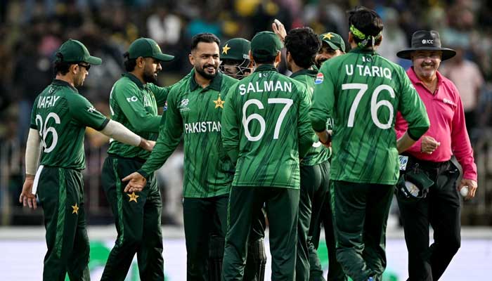 Pakistan players celebrate after a wicket during the ICC Mens T20 World Cup group-stage match against Namibia at the SSC Cricket Ground, Colombo, on February 18, 2026. — PCB