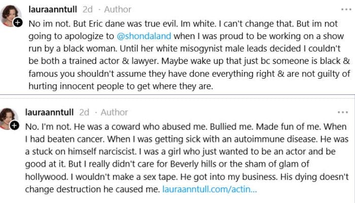 Laura Tull drops bombshell allegation days after Eric Danes death: Heres what she said