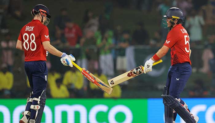 Englands Harry Brook and Englands Sam Curran during the 2026 ICC Mens T20 Cricket World Cup Super Eights match between England and Pakistan at the Pallekele International Cricket Stadium in Kandy on February 24, 2026. — Reuters