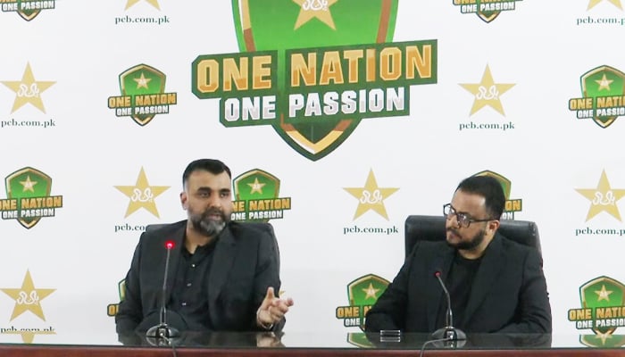 Sialkot Stallionz franchise owner Hamza Majeed (left) talking to media at Gaddafi Stadium in Lahore on February 25, 2026. —Screengrab via PCB