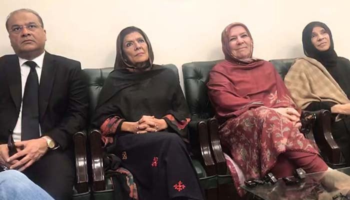 PTI founder Imran Khans sisters including Aleema  Khan (second from left) speaking to the media at the Islamabad High Court on February 25, 2026. — Screengrab via video