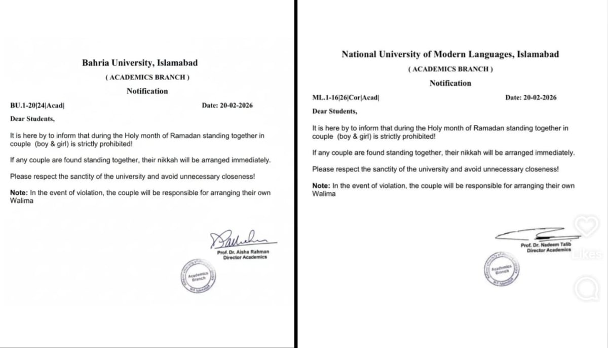 The notification circulating on social media, supposedly from the National University of Modern Languages, on the right, and the one supposedly from Bahria University on the left.