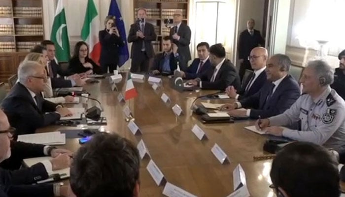 Interior Minister Mohsin Naqvi meets his Italian counterpart Matteo Piantedosi in Room on February 25, 2026. — Radio Pakistan