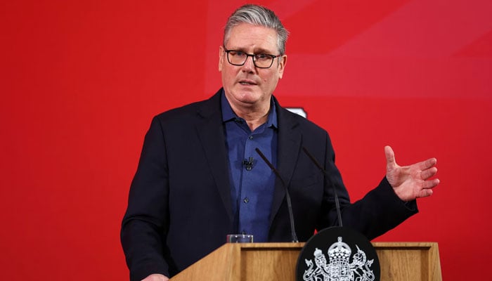 British Prime Minister Keir Starmer delivers a speech at Horntye Park Sports Complex in St Leonards, Britain, February 05, 2026. — Reuters