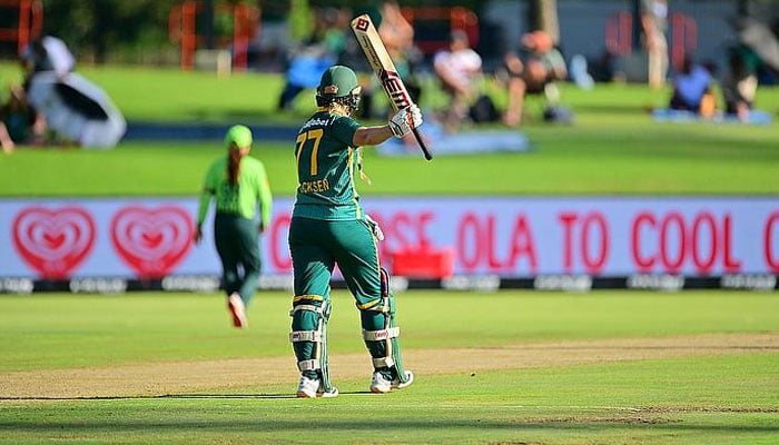 Player of the Match Annerie Dercksen celebrates her half-century during the second IWC ODI between the Proteas Women and Pakistan. — Cricket South Africa/File