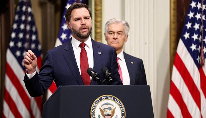 US  Vice President JD Vance speaks next to Administrator for the Centers for Medicare & Medicaid Services Mehmet Oz about combating fraud at the Eisenhower Executive Office Building in Washington, D.C., US,  February 25, 2026. — Reuters