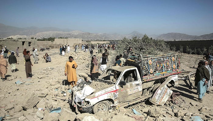 Aftermath of overnight Pakistani airstrike at the Girdi Kas village in Bihsud district, Nangarhar province, on February 22, 2026. — AFP