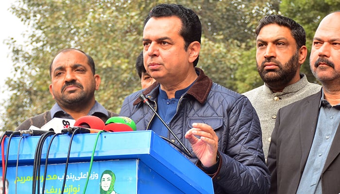 Minister of State for Interior Talal Chaudhry addresses a press conference in Faisalabad, on December 20, 2025. — Online