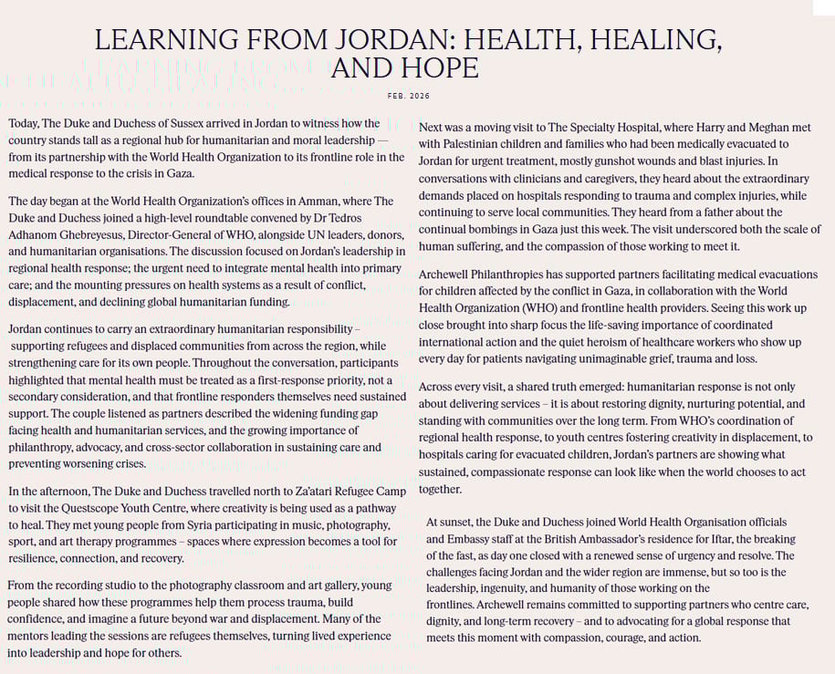 Prince Harry, Meghan make urgent plea from Jordan amid worsening crisis