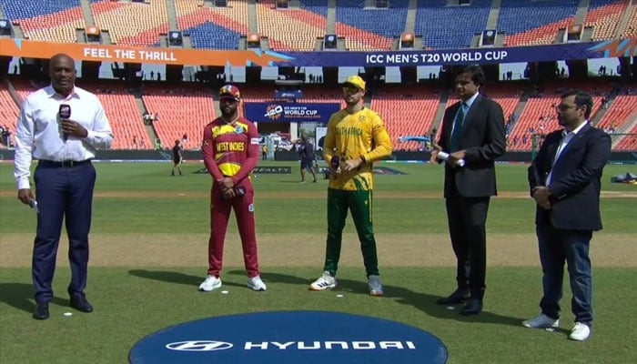 West Indies skipper Shai Hope (centre left) and South Africa captain Aiden Markram (centre) at toss ceremony during their T20 World Cup clash at the Narendra Modi Stadium, Ahmedabad, February 26, 2026. — Screengrab