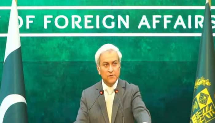 Foreign Office Spokesperson Tahir Andrabi is addressing a weekly press briefing in Islamabad on February 26, 2026. — Screengrab via Geo News