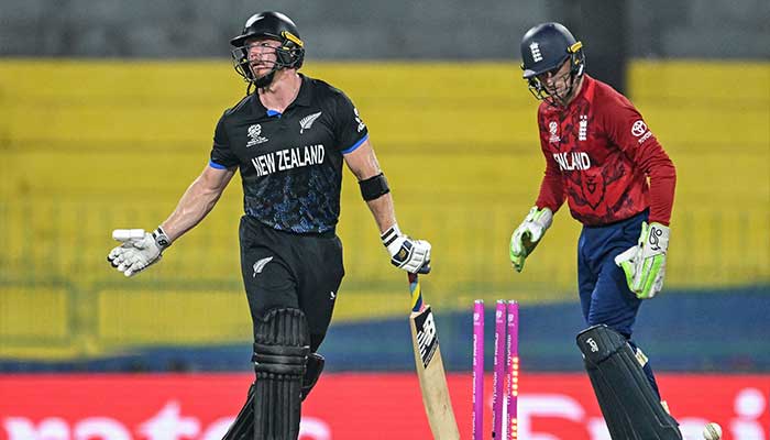 New Zealands Glenn Phillips reacts after getting bowled during their ICC Mens T20 World Cup Super Eights match against England at the R Premadasa Stadium in Colombo on February 27, 2026. — AFP