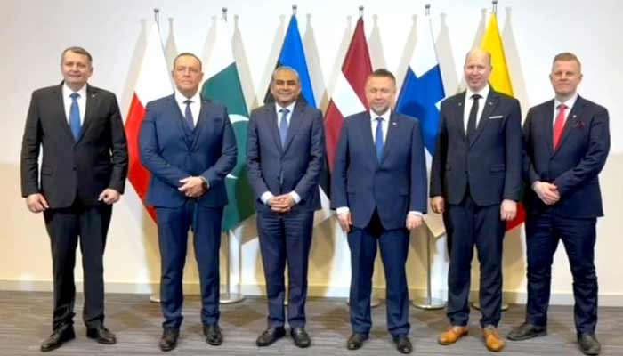 Federal Interior Minister Mohsin Naqvi with Interior Ministers of Poland, Estonia, Latvia, Finland, and Lithuania during the 6-nation conference on Illegal Immigration and Security Cooperation. — APP