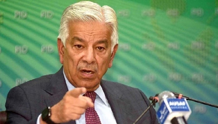 Defence Minister Khawaja Asif addresses a press conference in this undated photo.— PID/File