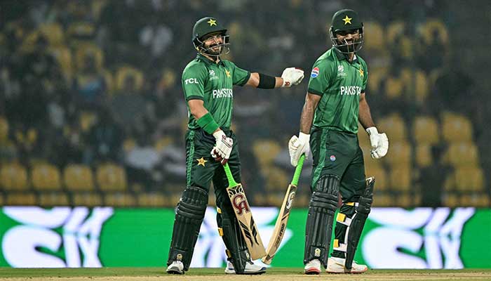 Pakistans Fakhar Zaman (R) and Sahibzada Farhan react during the 2026 ICC Mens T20 Cricket World Cup Super Eights match between Sri Lanka and Pakistan at the Pallekele International Cricket Stadium in Kandy on February 28, 2026. — AFP