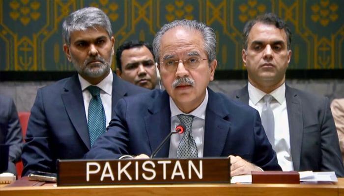 Ambassador Asim Iftikhar Ahmad, Pakistan’s permanent representative to the United Nations, speaks during emergency session on US-Israel attack on Iran, New York, United States, February 28, 2026. — X/@PakistanUN_NY