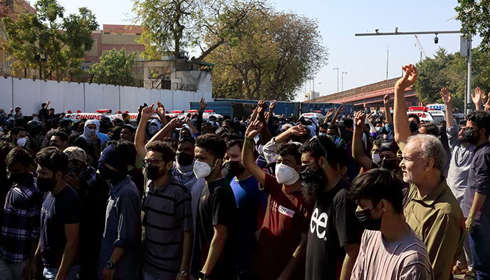 People chant slogans during a protest outside the US and Israeli strikes on Iran that killed Irans Supreme Leader Ayatollah Ali Khamenei, in Karachi, Pakistan, March 1, 2026. — Reuters