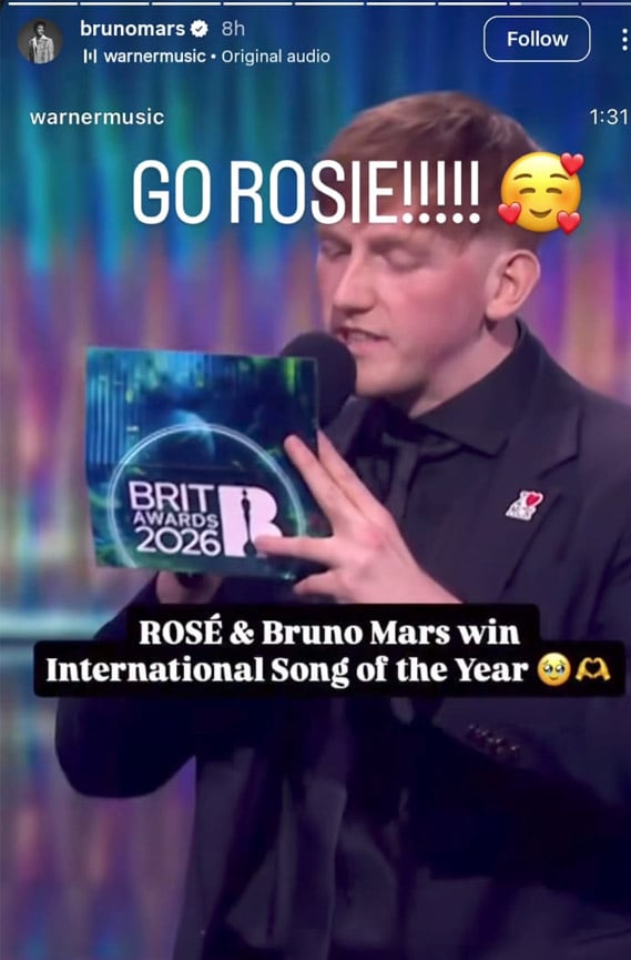Bruno Mars reacts as Rosé wins BRIT Award for  global hit APT.
