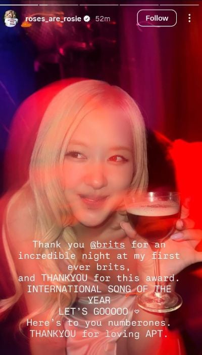 Rosé gives nod to BLACKPINK, best friend Bruno Mars after 1st BRITs win