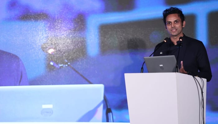 Anchor and host Muhammad Junaid speaks during the event in Karachi, on March 1, 2026. — Habib University