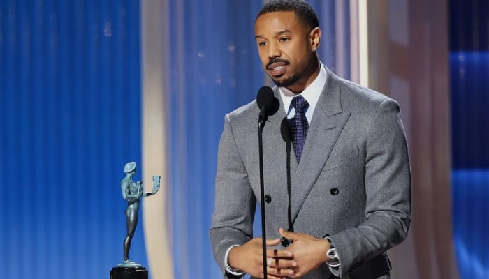 Michael B. Jordan voice gets shaky as he accepts Actors Award for Sinners