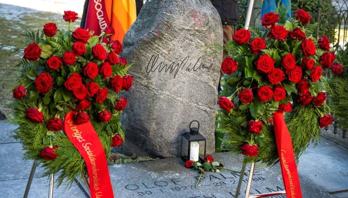 Wreaths are laid out at the grave of former Swedish Prime Minister Olof Palme on the 36th anniversary of his assassination, at the Adolf Fredrik Cemetery in Stockholm, Sweden February 28, 2022. — Reuters