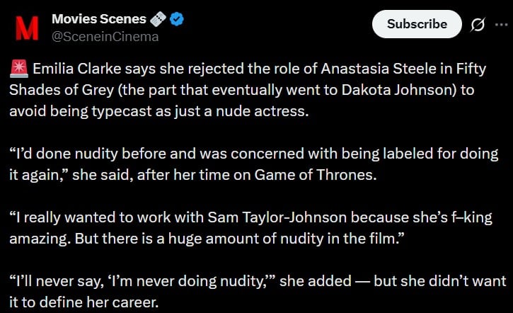 Emilia Clarke reveals she turned down Fifty Shades of Grey for careers sake