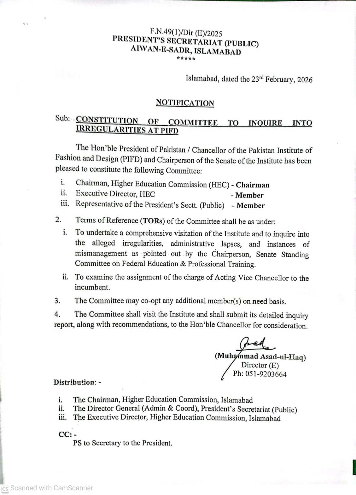 President Zardari forms committee to probe PIFD administrative issues