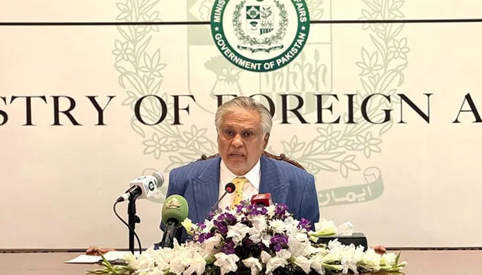 Deputy Prime Minister Ishaq Dar addresses a press briefing in Islamabad on March 2, 2026. — X/@ForeignOfficePK