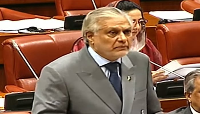Deputy Prime Minister and Foreign Minister Ishaq Dar speaks on floor of Senate, Paraliament House, Islamabad, March 3, 2026. — Screengrab via YouTube/Geo News