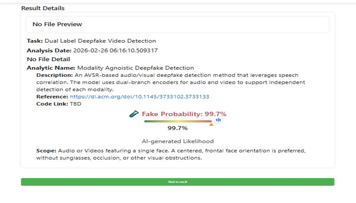 Screenshot from the University at Buffalo’s DeepFake-O-Meter showing a near-certain fake classification.