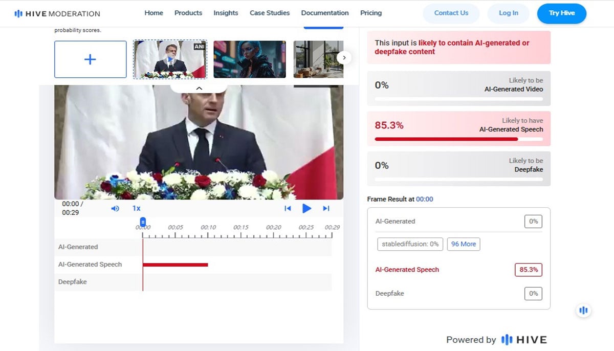 Hive Moderation indicates a high probability that the audio was generated using AI tools.
