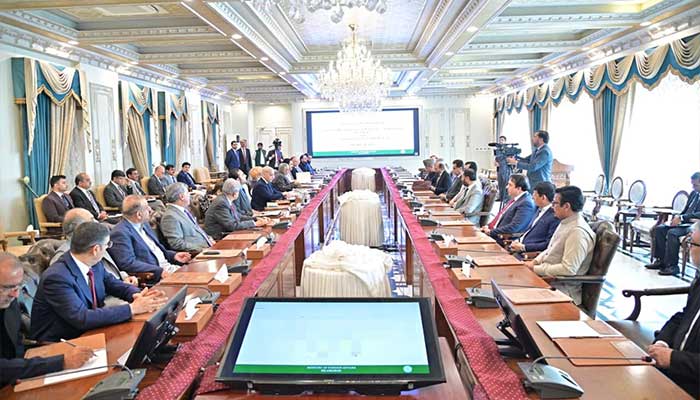 Prime Minister Shehbaz Sharif chairs meeting of parliamentary leaders and representatives of political parties to brief on regional security situation, Islamabad, March 4, 2026. — X/@GovtofPakistan