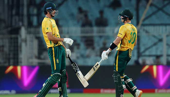 South Africas Tristan Stubbs and Marco Jansen interact during their ICC Mens T20 World Cup semi-final against New Zealand at Eden Gardens in Kolkata on March 4, 2026. — Reuters