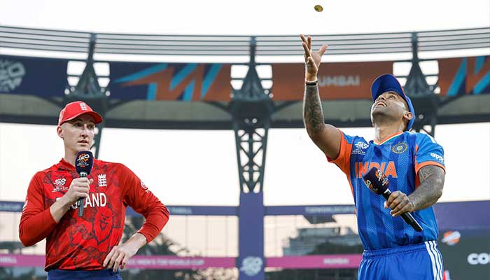 England skipper Harry Brook (left) and India captain Suryakumar Yadav during the toss for the ICC Mens T20 World Cup 2026s semi-final at Wankhede Stadium. Mumbai, on March 5, 2026. — Facebook/@IndianCricketTeam