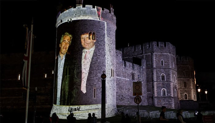 An image of US President Donald Trump alongside disgraced financier Jeffrey Epstein is projected by the campaign group Led By Donkeys on Windsor Castle, after the arrival of  Trump and first lady Melania Trump for a state visit to the country, in Windsor, Berkshire, Britain, September 16, 2025. — Reuters