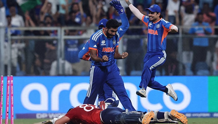 Indias Jasprit Bumrah celebrates the wicket of Englands Jacob Bethell during T20 World Cup 2026 semi-final clash at Wankhede Stadium, Mumbai, India, March 5, 2026. — Reuters
