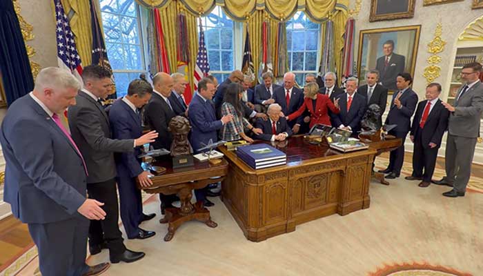 Group of pastors praying over US President Donald Trump in the Oval Office at White House. — Screengrab via X/@Scavino47