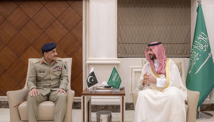 CDF Field Marshal Syed Asim Munir (left) meets Saudi Defence Minister Prince Khalid bin Salman in an image shared on March 7, 2026. — X@kbsalsaud