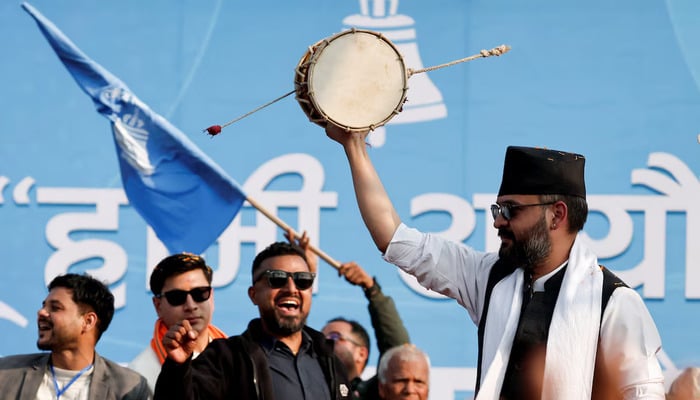 Balendra Shah, former mayor of Kathmandu popularly known as Balen, who according to party officials, will become prime minister under an internal agreement if the Rastriya Swatantra Party (RSP) wins the March 5 elections, plays a damru percussion instrument during an election campaign in Janakpur, Nepal on January 19, 2026. — Reuters