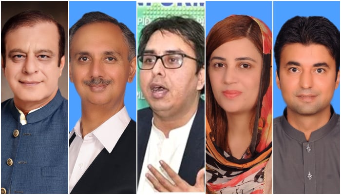 This collage shows from left to right PTI leaders Shibli Faraz, Omar Ayub, Shehbaz Gill, Zartaj Gul and Murad Saeed. — National Assembly/Senate/PID