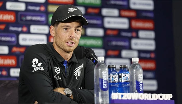 New Zealand captain Mitchell Santner addressing a pre-match press conference ahead of ICC Mens T20 World Cup 2026 final in Ahmedabad on March 7, 2026. — ICC