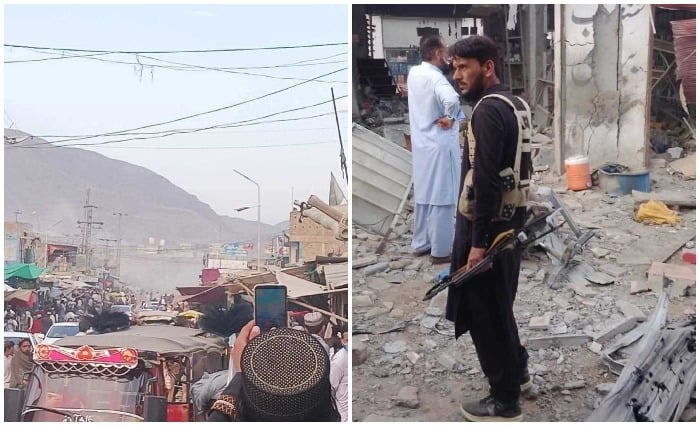 This collage shows aftermath of an improvised explosive device (IED) blast in Rustam Bazaar, Wana town in Khyber Pakhtunkhwas South Waziristan on March 7, 2026. — Reporter