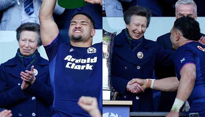 Princess Anne tries recreating viral hug with Scotland captain