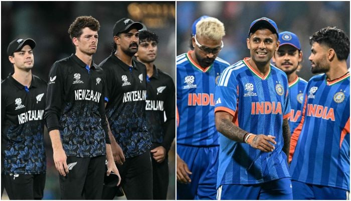 Collage shows New Zealand´s captain Mitchell Santner and Indias captain Suryakumar Yadav walking off with their teammates. — AFP