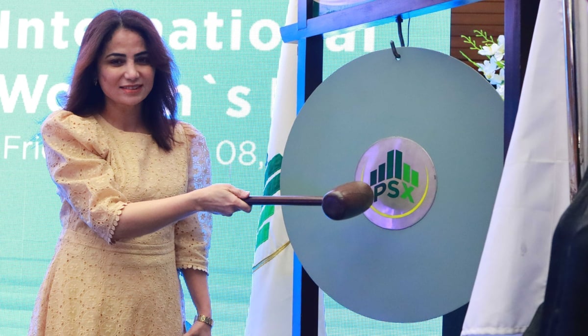 A woman entrepreneur participates in the gong ceremony held within the premises of the Pakistan Stock Exchange. — Website/PSX