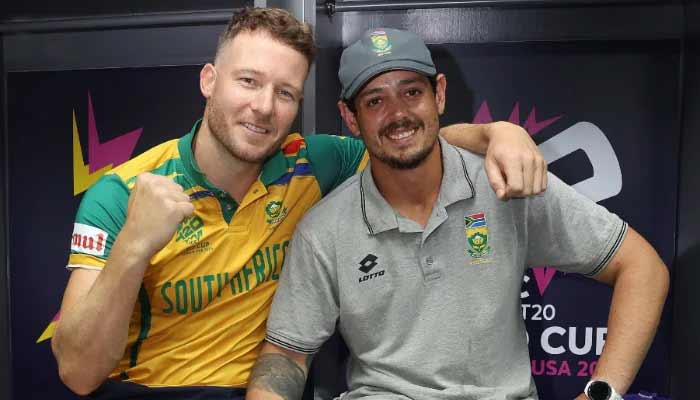 David Miller and Quinton de Kock of South Africa pose for a photo in the dressing room after the teams victory in the ICC Mens T20 Cricket World Cup2024 Semi-Final match against Afghanistan at Brian Lara Cricket Academy on June 26, 2024 in Tarouba, Trinidad And Tobago.— AFP/File